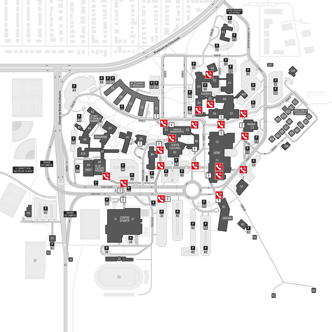 Plan de localisation des interphones dans les tunnels du Campus principal Secteur Est